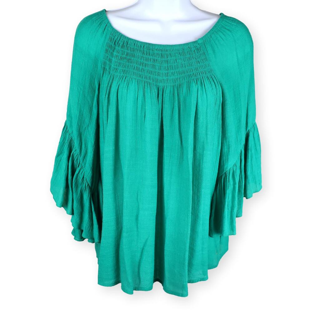 Chico’s Teal Green Smocked Ruffle Top | Size 1 (M) | Boho Cottagecore